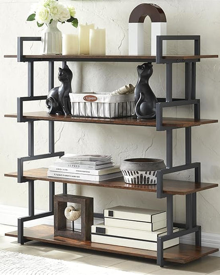 4-Tier Bookshelf-Industrial Bookcase, Rustic Open Book Shelf, Vintage Freestanding Bookshelves, Metal Frame and Solid Wood, Living room, Office, Bedroom Storage - LeafyLoom