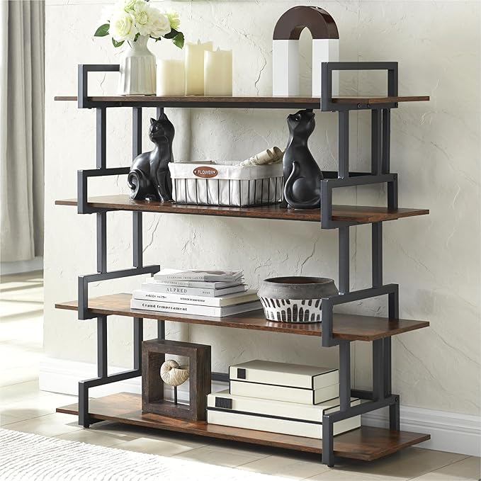 4-Tier Bookshelf-Industrial Bookcase, Rustic Open Book Shelf, Vintage Freestanding Bookshelves, Metal Frame and Solid Wood, Living room, Office, Bedroom Storage - LeafyLoom
