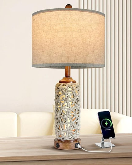 Coastal Nautical Lamp Farmhouse Table Lamps for Living Room Bedroom， Bedside Lamp with Dual USB Port，26.5'' Tall Nightstand Lamps - LeafyLoom