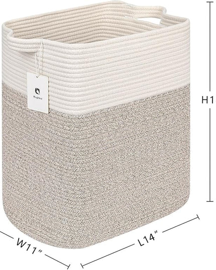 Toy Storage Baskets for Clothes Fabric Cotton Rope Storage Basket with Handles, Decorative Woven Basket for Living Room,Closet Organizer Blankets, and Toys (White Brown 2bags) - LeafyLoom