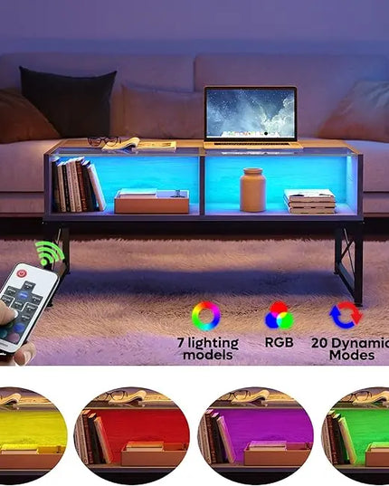 Bestier LED Coffee Tables for Living Room,Wood Center Table with Glass Top Game Night. 42 Inch Room Grey Wash - LeafyLoom