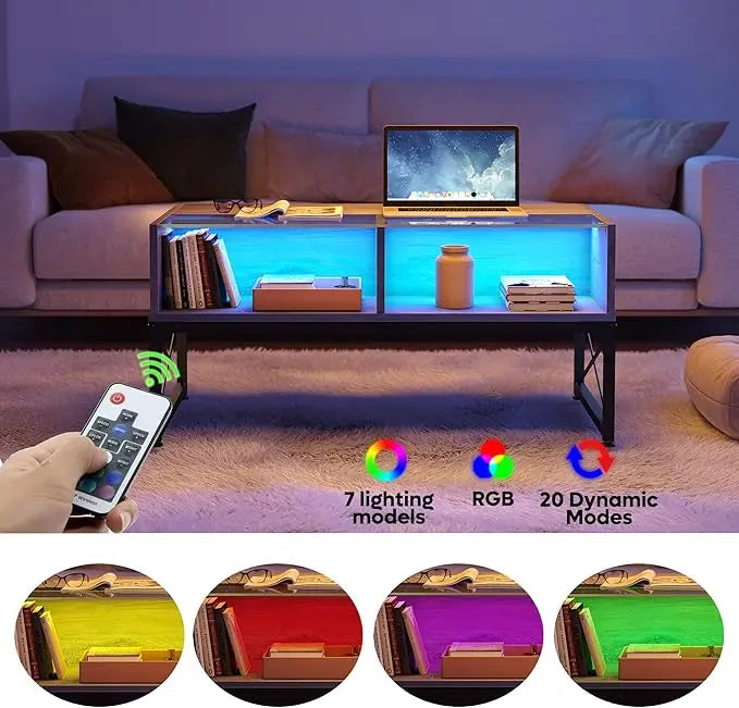 Bestier LED Coffee Tables for Living Room,Wood Center Table with Glass Top Game Night. 42 Inch Room Grey Wash - LeafyLoom