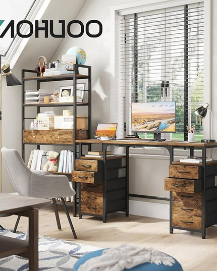 Desk with 10 Fabric Drawers Classified Organizer - 55"/140 Office Desks with Ample Storage, Computer Work Desk Study Writing Table Workstation for Home Office Space Brown - LeafyLoom
