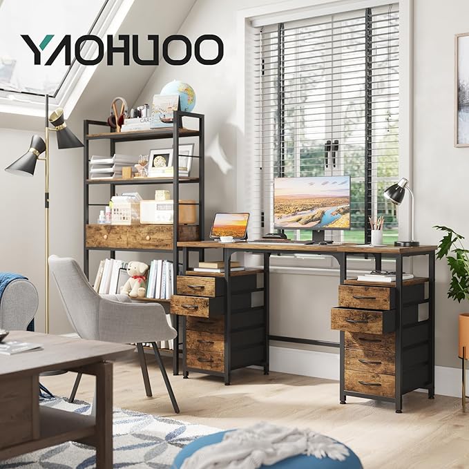 Desk with 10 Fabric Drawers Classified Organizer - 55"/140 Office Desks with Ample Storage, Computer Work Desk Study Writing Table Workstation for Home Office Space Brown - LeafyLoom