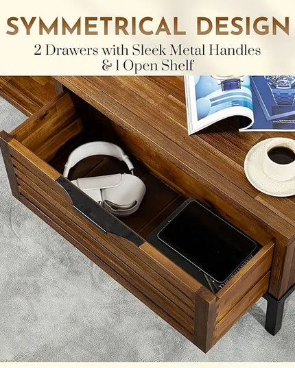 Bme Millie Solid Wood Coffee Tables, Industrial Modern Living Room Center Desk with 2 Storage Drawers & Fully Assembled, Rustic Chestnut - LeafyLoom