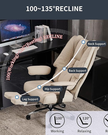 Big and Tall Office Chair 400lbs Wide Seat, Leather High Back Executive Office Chair with Foot Rest, Ergonomic Office Chair Lumbar Support for Lower Back Pain Relief (Beige) - LeafyLoom
