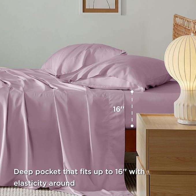 Bedsure California King Sheet Sets, Cooling Sheets, Rayon Derived from Bamboo, Deep Pocket Up to 16", Breathable & Soft Bed Sheets, Hotel Luxury Silky Bedding Sheets & Pillowcases, Lavender - LeafyLoom