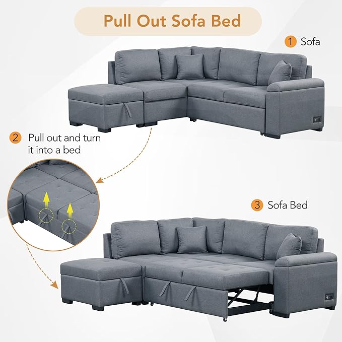 87.4“ L-Shape Sectional Sleeper Sofa with Pull out Bed Ottoman, Velvet Upholstered Couch w/Hidden Arm Storage &USB Charge, for Living Room Apartment, 87.4 Inch, Dark Gray1 - LeafyLoom