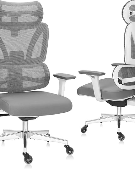 C19 Ergonomic Mesh Office Chair with Adjustable Height Lumbar Support，3D Armrest & Headrest，Tilt Function，Blade Wheel for High Back Desk Chair，Swivel Big and Tall Computer Chair (White) - LeafyLoom