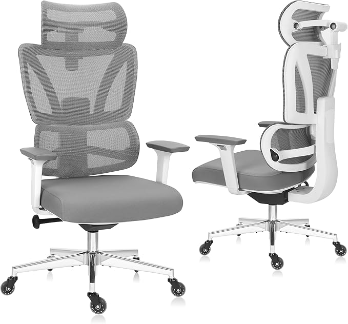 C19 Ergonomic Mesh Office Chair with Adjustable Height Lumbar Support，3D Armrest & Headrest，Tilt Function，Blade Wheel for High Back Desk Chair，Swivel Big and Tall Computer Chair (White) - LeafyLoom