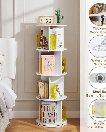 VECELO Rotating Bookshelf, 4-Tier Small Corner Display with Acrylic Window, Ideal Storage Solution for Kids and Adults in Bedrooms, Living Rooms, Space Efficient and Elegant White Design - LeafyLoom