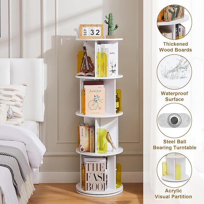VECELO Rotating Bookshelf, 4-Tier Small Corner Display with Acrylic Window, Ideal Storage Solution for Kids and Adults in Bedrooms, Living Rooms, Space Efficient and Elegant White Design - LeafyLoom