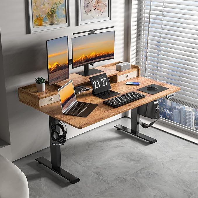 55×30 Inch Electric Standing Desk with 2 Drawers, Adjustable Height Widened Stand Up Desk with Storage Shelf, Sit to Stand Ergonomic Workstation for Home Office - LeafyLoom