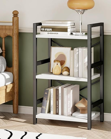 Bookshelf, 3 Tier Industrial Bookcase, Metal Small Bookcase, Rustic Etagere Book Shelf Storage Organizer for Living Room, Bedroom, and Home Office(White) Patent Pending D29873033 - LeafyLoom