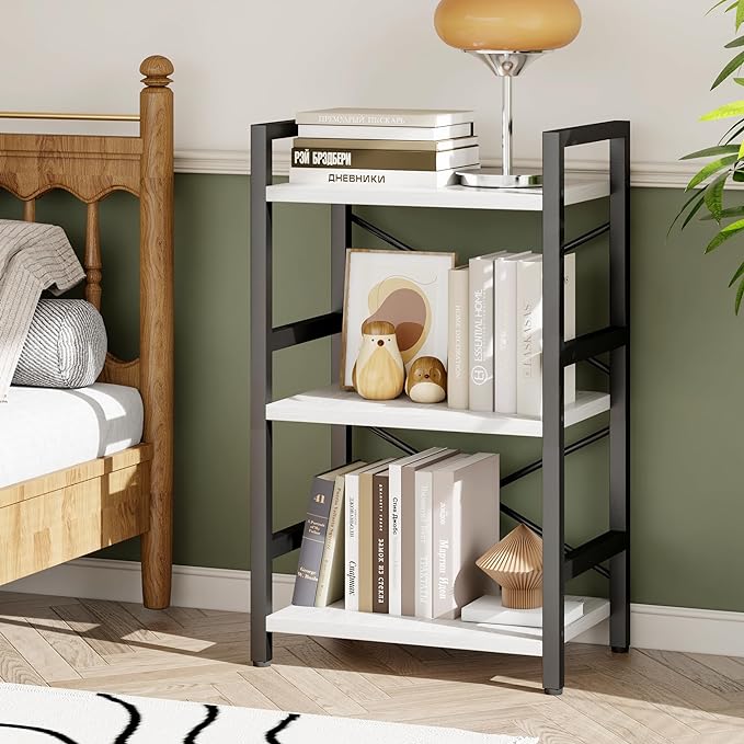 Bookshelf, 3 Tier Industrial Bookcase, Metal Small Bookcase, Rustic Etagere Book Shelf Storage Organizer for Living Room, Bedroom, and Home Office(White) Patent Pending D29873033 - LeafyLoom