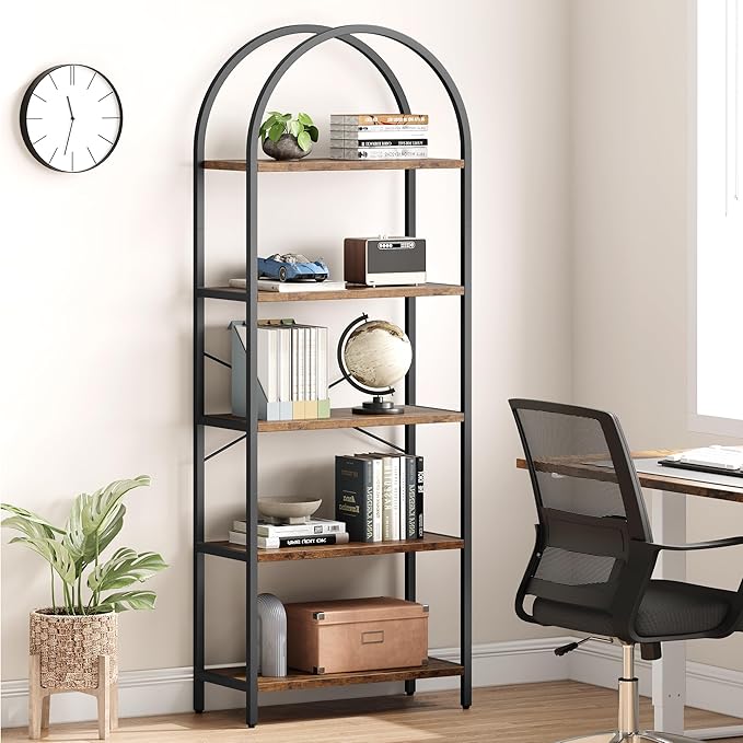 GAOMON 5 Tier Bookshelf Arched Bookcase Modern Standing Bookshelves Tall Display Racks Metal Book Shelf for Bedroom, Living Room, Home Office - LeafyLoom
