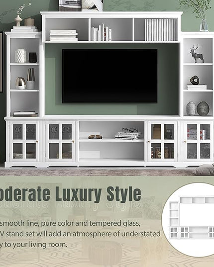 Merax Minimalism Style Entertainment Wall Unit with Bridge, Multifunctional TV Stand with Tempered Glass Door Modern Console Table for Televisions Up to 70”, 104.3 inch Length, White - LeafyLoom