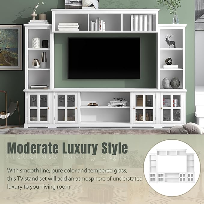 Merax Minimalism Style Entertainment Wall Unit with Bridge, Multifunctional TV Stand with Tempered Glass Door Modern Console Table for Televisions Up to 70”, 104.3 inch Length, White - LeafyLoom