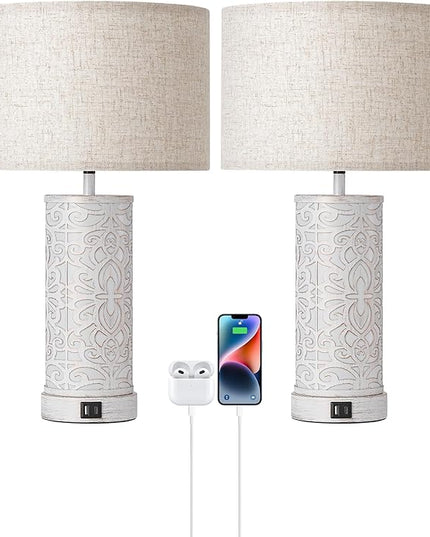 EDISHINE 21.65" Farmhouse Table Lamp Set of 2, Touch 3-Way Dimmable Vintage Nightstand Lamp with A+C USB Ports, Bedside Lamp with Night Light Base for Living Room, Bedroom - LeafyLoom