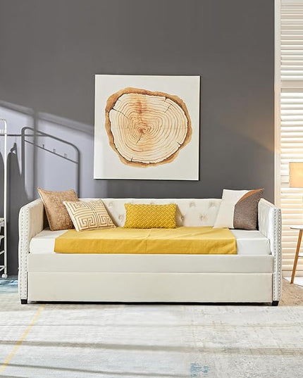 Twin Size Velvet Upholstered Daybed with Twin Trundle, Solid Wood Sofa Bed w/Button Tufted Backrest, for Living Room, Bedroom, Dorm, No Box Spring Needed, Space-Saving Design, Beige - LeafyLoom