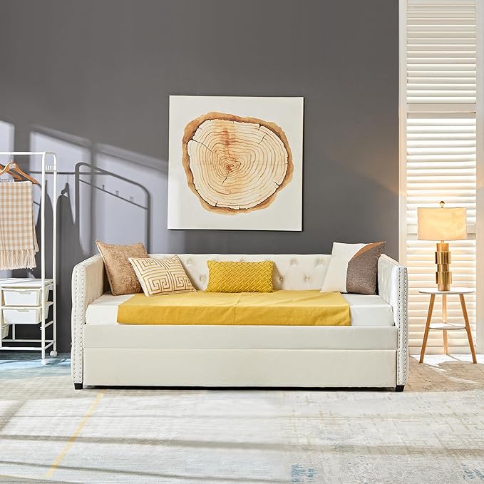 Twin Size Velvet Upholstered Daybed with Twin Trundle, Solid Wood Sofa Bed w/Button Tufted Backrest, for Living Room, Bedroom, Dorm, No Box Spring Needed, Space-Saving Design, Beige - LeafyLoom