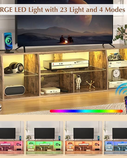 VECELO LED TV Stand Power Outlet for 65 inch Gaming Entertainment Center with 7 Open Storage Shelves, Industrial Television Cabinet for Living Room, Bedroom, Light Brown, 65inch - LeafyLoom