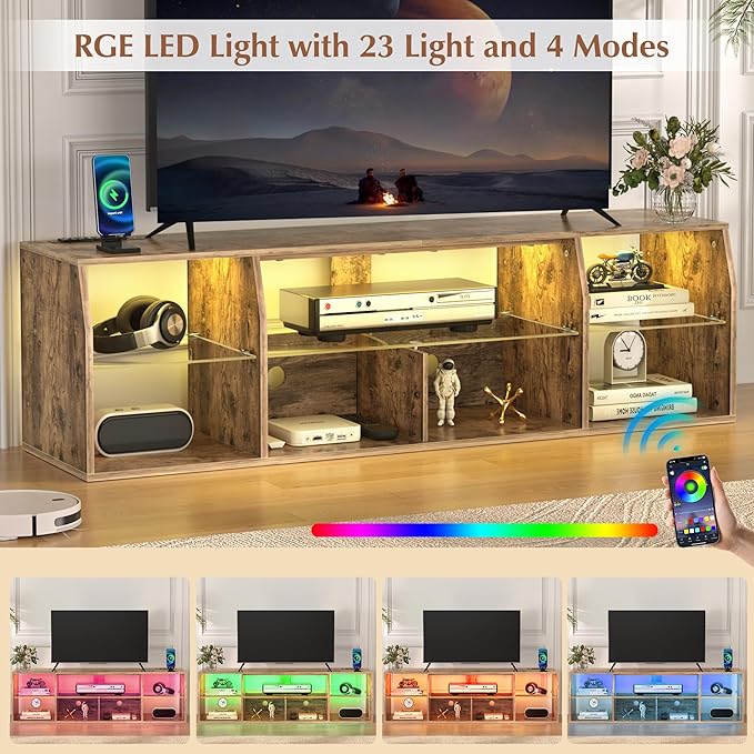VECELO LED TV Stand Power Outlet for 65 inch Gaming Entertainment Center with 7 Open Storage Shelves, Industrial Television Cabinet for Living Room, Bedroom, Light Brown, 65inch - LeafyLoom