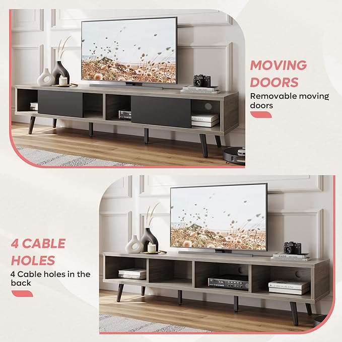 Bestier 70 inch Mid Century Modern TV Stand for 75 inch TV, Low Profile TV Stand with Storage, Entertainment Center for Living Room, Cord Management, Gray Wash - LeafyLoom