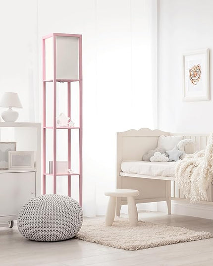 Simple Designs LF1014-LPK-LB Three Shelf Etagere Organizer Storage Floor Lamp with White Linen Shade for Living Room, Bedroom, Office, Hallway, Light Pink, with Feit LED Bulb Included - LeafyLoom