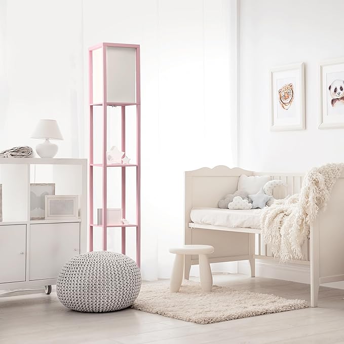 Simple Designs LF1014-LPK-LB Three Shelf Etagere Organizer Storage Floor Lamp with White Linen Shade for Living Room, Bedroom, Office, Hallway, Light Pink, with Feit LED Bulb Included - LeafyLoom