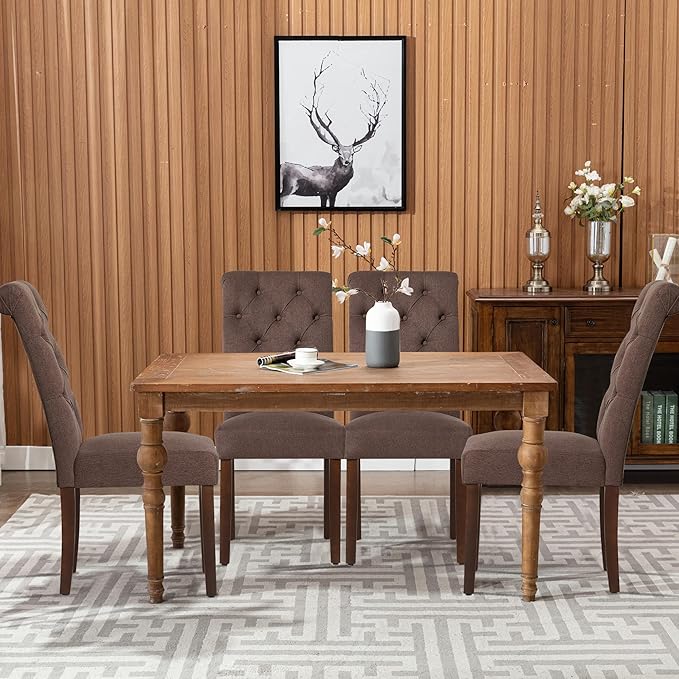 COLAMY Button Tufted Dining Chairs Set of 4, Parsons Upholstered Fabric Dining Room Chairs Kitchen Chairs with Wood Legs and Padded Seat, Brown - LeafyLoom
