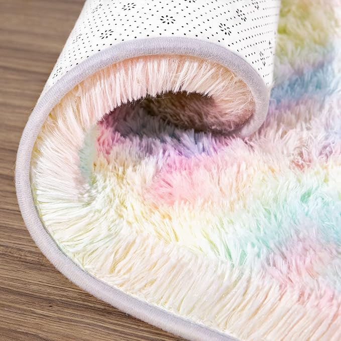 AROGAN Soft Rainbow Area Rugs for Girls Room 2x4 Feet, Fluffy Girls Bedroom Rugs, Princess Rug, Cute Colorful Carpet for Kids Teens Nursery Toddler, Pink - LeafyLoom