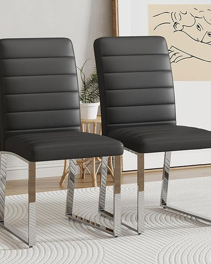 Dining Chairs Set of 2 Modern Faux Leather High Back Dining Room Kitchen Chairs with Silver Metal Legs,Chairs for Dining Room, Kitchen,Living Room, and Restaurants,Black - LeafyLoom