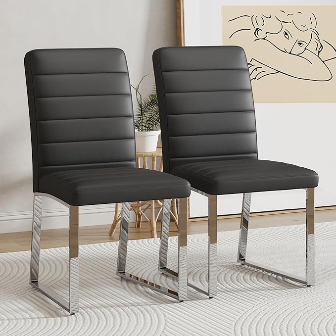 Dining Chairs Set of 2 Modern Faux Leather High Back Dining Room Kitchen Chairs with Silver Metal Legs,Chairs for Dining Room, Kitchen,Living Room, and Restaurants,Black - LeafyLoom