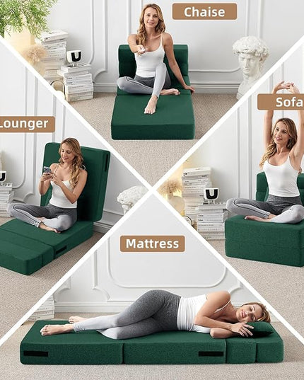 Convertible Folding Sofa Bed-Sleeper Chair with Pillow, Modern Linen Fabric Floor & Futon Couch, Foldable Mattress for Living Room/Dorm/Guest Use/Home Office/Apartment, Single Size,Dark Green - LeafyLoom