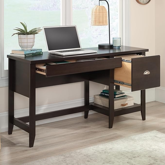 Sauder Summit Station Single Pedestal Desk, L: 52.09" x W: 19.29" x H: 29.02", Cinnamon Cherry Finish - LeafyLoom