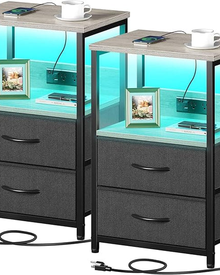 Seventable Nightstand set of 2 with Charging Station, Bedside table with LED Lights, Night stand with 2 Fabric Drawers, 3-Tier Storage End Table for Bedroom, Greige - LeafyLoom