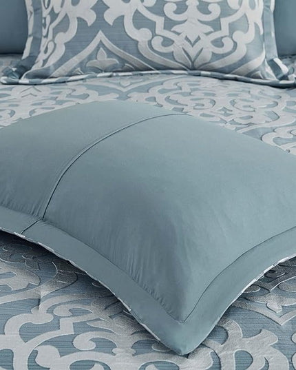Madison Park Odette Cozy Comforter Set Jacquard Damask Medallion Design - Modern All Season, Down Alternative Bedding, Shams, Decorative Pillows, Queen(90 in x 90 in), Aqua - LeafyLoom