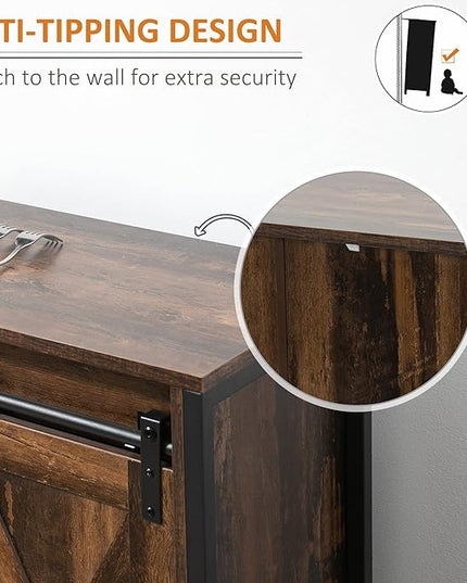 HOMCOM Industrial Farmhouse Buffet Cabinet, Kitchen Sideboard with Sliding Barn Doors, Three Drawers and Adjustable Shelves for Living Room, Rustic Brown - LeafyLoom
