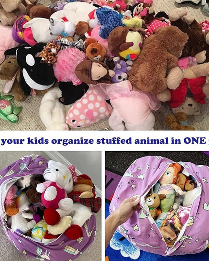 Stuffed Animal Storage Bean Bag Chairs Toy Storage Organizer Bean Bags Chair Covers Only for Kids 24" Beanbag with Zipper for Organizing Kid's and Adults Room, Pink White Unicorn - LeafyLoom