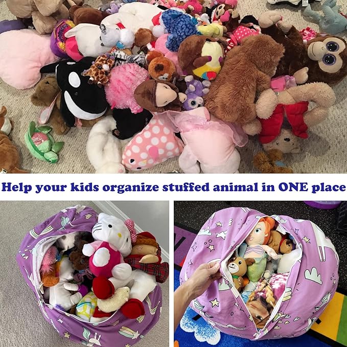 Stuffed Animal Storage Bean Bag Chairs Toy Storage Organizer Bean Bags Chair Covers Only for Kids 24" Beanbag with Zipper for Organizing Kid's and Adults Room, Pink White Unicorn - LeafyLoom