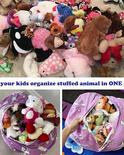 2-Pack Stuffed Animal Storage Bean Bag Chairs Toy Storage Organizer Bean Bags Chair Covers Only for Kids 24" Beanbag with Zipper for Organizing Kid's and Adults Room, Pink White Unicorn - LeafyLoom
