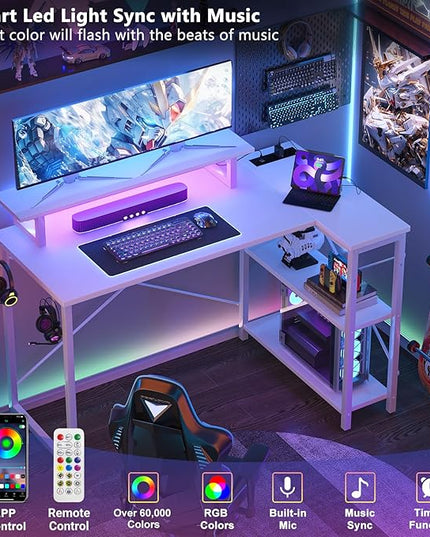 Homieasy L Shaped Gaming Desk with Power Outlet & LED Light, 47 Inch Computer Desk with Storage Shelves, Reversible Corner Desk with Monitor Stand Headset Hooks for Home Office, White - LeafyLoom
