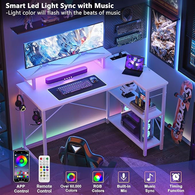 Homieasy L Shaped Gaming Desk with Power Outlet & LED Light, 47 Inch Computer Desk with Storage Shelves, Reversible Corner Desk with Monitor Stand Headset Hooks for Home Office, White - LeafyLoom