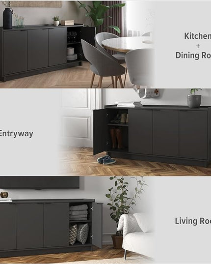 Prepac Simply Modern 4 Console Table Doors and Shelves, Sideboard Storage Cabinet, 60" W x 30" H x 16" D, Black - LeafyLoom