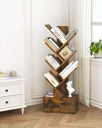 7 Tier Tree Bookshelf with Drawer, Tree Bookcase, Floor Standing Tall Wood Bookshelves for Bedroom, Living Room, Home Office, Rustic Brown - LeafyLoom