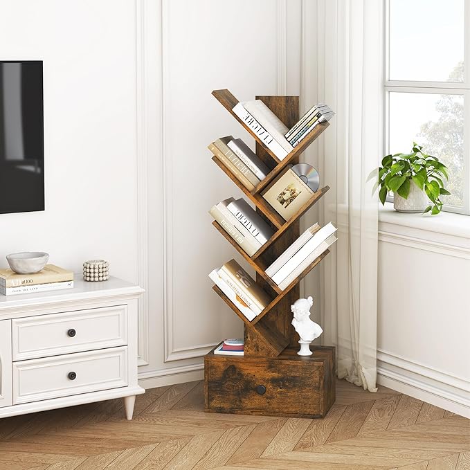 7 Tier Tree Bookshelf with Drawer, Tree Bookcase, Floor Standing Tall Wood Bookshelves for Bedroom, Living Room, Home Office, Rustic Brown - LeafyLoom