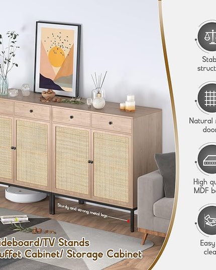 XIAO WEI Set of 2 Sideboard Cabinet with Handmade Natural Rattan Doors and Drawers, Rattan Cabinet Console Table Buffet Cabinet, for Kitchen, Living Room, Hallway, Entryway, Natural - LeafyLoom