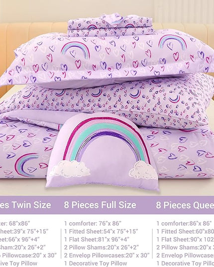 Mooreeke Full Size Comforter Sets for Girls Kids, 8 Pieces Bed in a Bag Purple Love Rainbow Bedding Comforter Sheet Set with Shams and Decorative Toy Pillow, Ultral Soft Microfiber Kids Bed Set - LeafyLoom