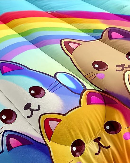 Rainbow Cat Comforter Full Size - Rainbow Cat Bedding for Girls Room Cute Cartoon Rainbow Bedding Full Comforter Sets for Kids, 1 Comforter+2 Pillowcases - LeafyLoom